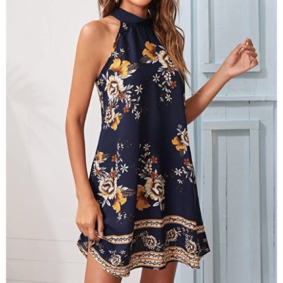 Dresses & Skirts - Navy Blue Floral Printed Chiffon A-Line Halter Sleeveless Mini Shift Dress